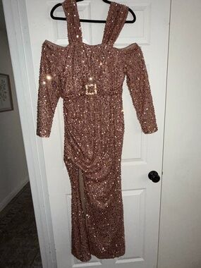 Rose Gold Sequin Cold-Shoulder Evening Dress